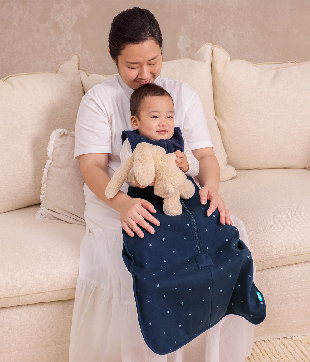 Sacco nanna senza maniche 1.5 TOG Pile di cotone Blu marino Stella scintillante ricamata