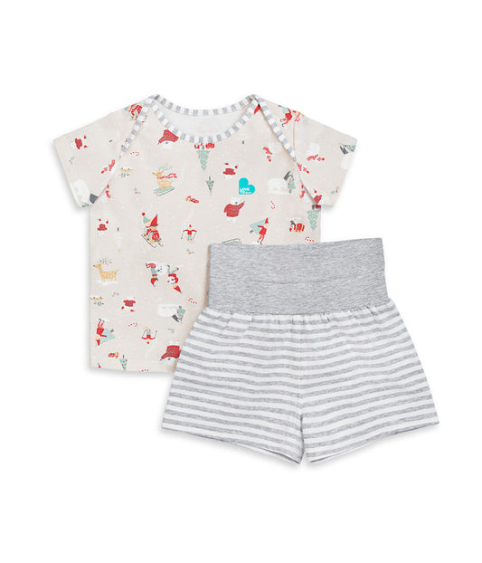 Kids Pyjama Set Short Sleeve Cotton Beige Snow Party