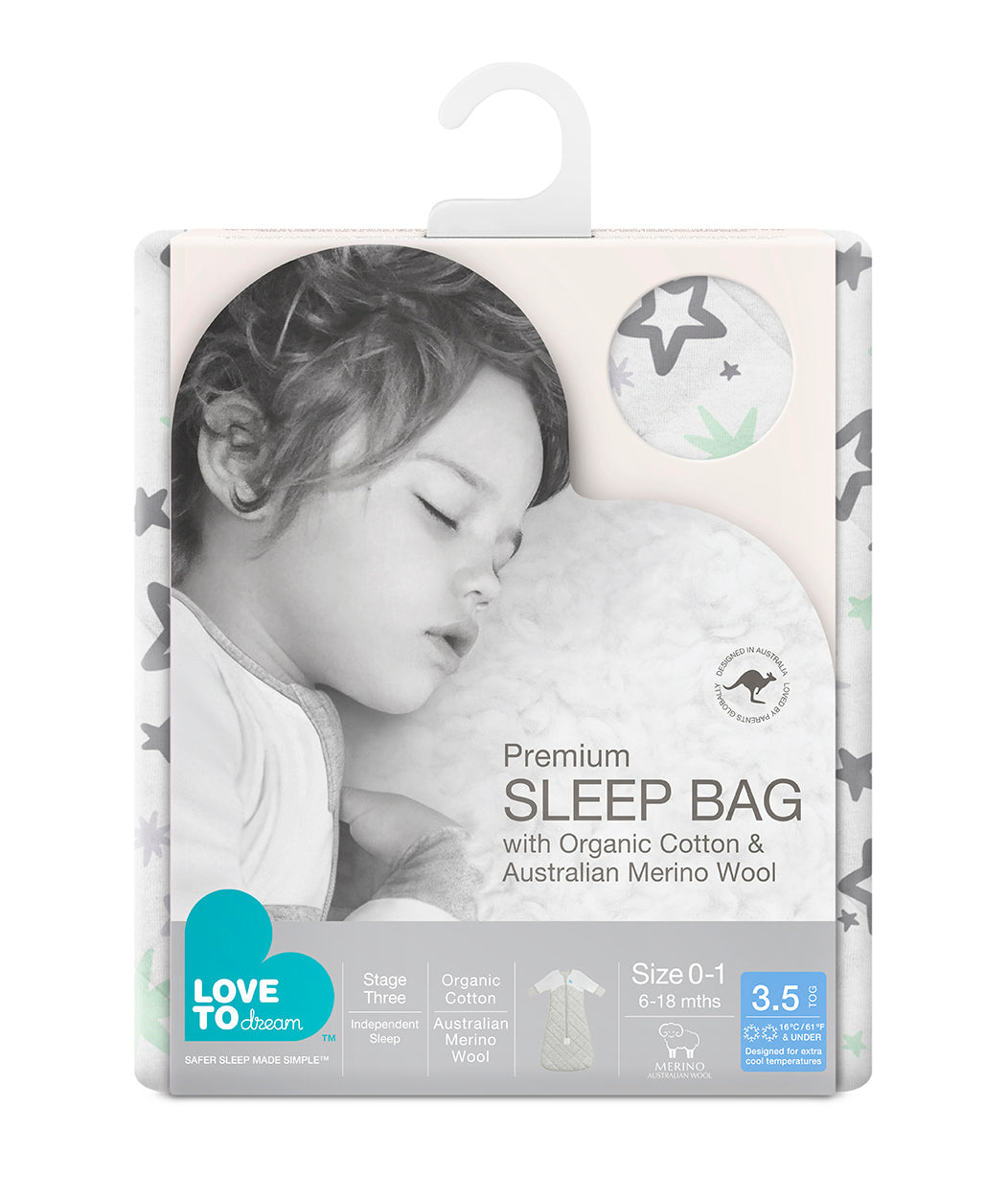 Sacco nanna Love To Dream™ con cotone biologico e lana merino australiana extra calda stelle verde menta