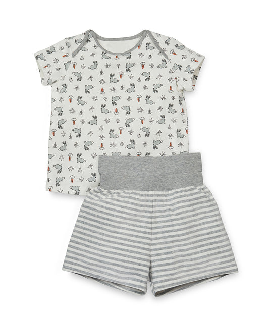 Kurzarm-Pyjama-Set Baumwolle Weiß Häschen