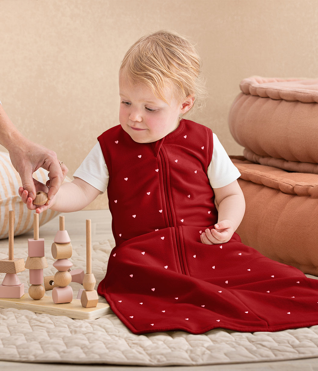 Sacco nanna senza maniche 1.5 TOG Pile di cotone Bordeaux Cuori ricamati