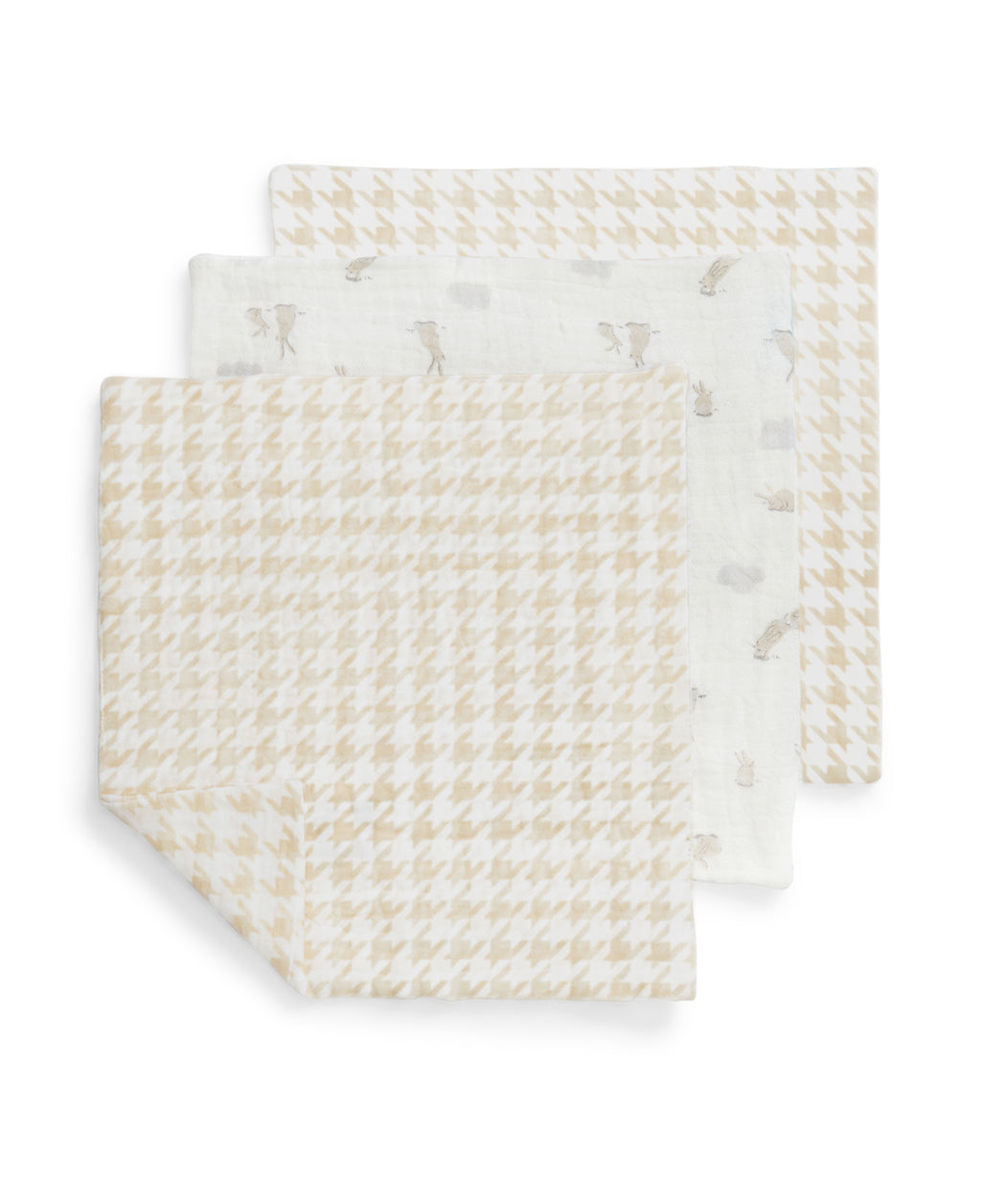 Wash Cloth 3 Pack Muslin White Mini Cloud Bunnies